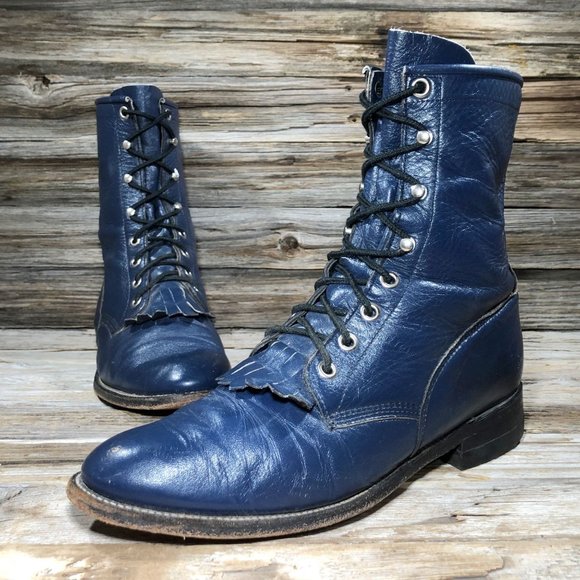 Justin Boots Shoes - VINTAGE Justin Boot L0527 Western Kiltie Roper Blue Leather Boots Women US 7.5 N
